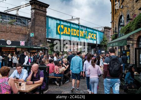 Outdoor seating restaurants at the Camden Town street market in London Stock Photo