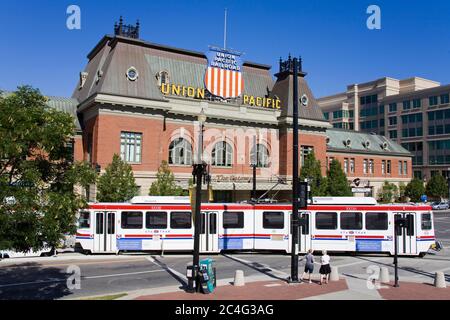 Historic Union Station & Light Rail Train, Salt Lake City, Utah, USA, North America Stock Photo