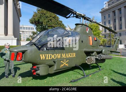 Bell AH-1 Cobra helicopter, flown during the Vietnam War, on display in Washington, DC, USA, as a part of the 'Remembering Vietnam' exhibition Stock Photo