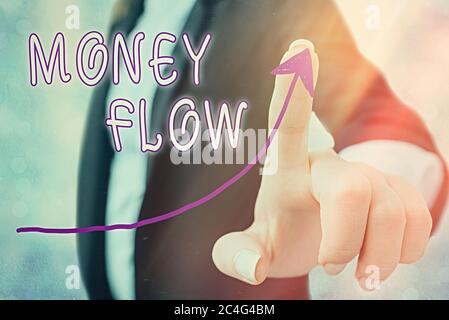 Writing note showing Money Flow. Business concept for it is an indicator of positive or negative in a current day Digital arrowhead curve denoting gro Stock Photo