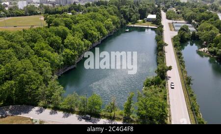 St. Marys Quarry and Lind Sportsplex Aerial, Canada’s largest outdoor freshwater swimming pool Stock Photo