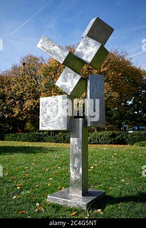 David Smith’s abstract sculpture 'Cubi XI' (constructed in 1963), made of stainless steel. Stock Photo