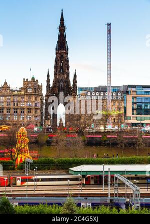 Princes Street, Gardens and Waverly Station on New Years Day, Edinburgh, Scotland, United Kingdom. Stock Photo