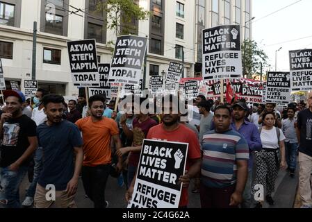 Athens, Greece. 26th June, 2020. Mass anti-racist rally took place on Friday afternoon in Athens. The prevailing slogans were 'Black Lives Matter' and 'Welcome refugees'. (Photo by Dimitrios Karvountzis/Pacific Press) Credit: Pacific Press Agency/Alamy Live News Stock Photo