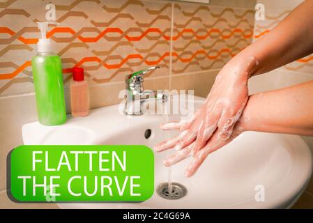 Writing note showing Flatten The Curve. Business concept for raising an awareness on slowing the rate of the infectious disease Handwashing procedures Stock Photo