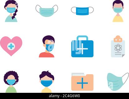 medical masks and medical icon set over white background, flat style, vector illustration Stock Vector