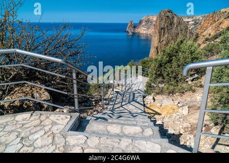 Stone staircase after renovation on the trail leading from St. George Monastery to Jasper Beach, Cape Fiolent, Crimea Russia approximately 800 steps Stock Photo