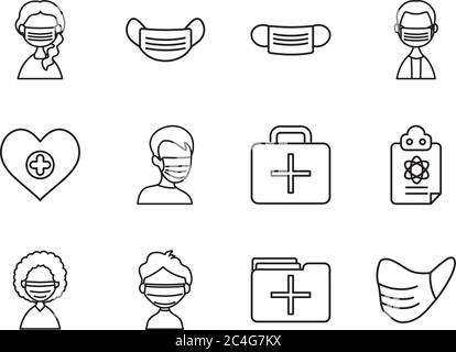 medical masks and medical icon set over white background, line style, vector illustration Stock Vector