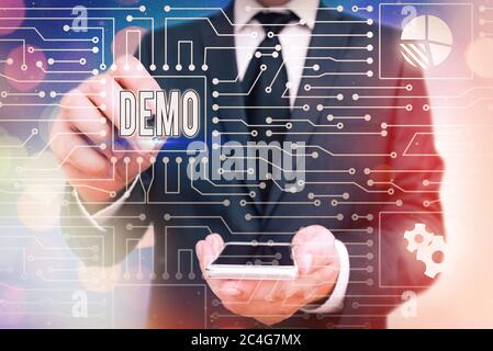 Handwriting text Demo. Conceptual photo exemplification display expression show visual communication reflection System administrator control, gear con Stock Photo
