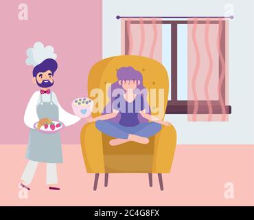 stay at home, male chef with food in hands and girl sitting on chair cartoon, quarantine activities vector illustration Stock Vector
