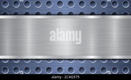Background of blue perforated metallic surface with holes and horizontal silver polished plate with a metal texture, glares and shiny edges Stock Vector