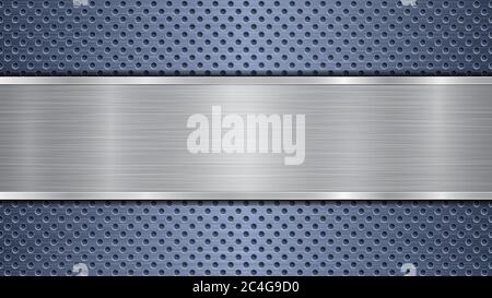 Background of blue perforated metallic surface with holes and horizontal silver polished plate with a metal texture, glares and shiny edges Stock Vector