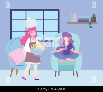 stay at home, female chef with noodle and girl sitting on chair cartoon, cooking quarantine activities vector illustration Stock Vector