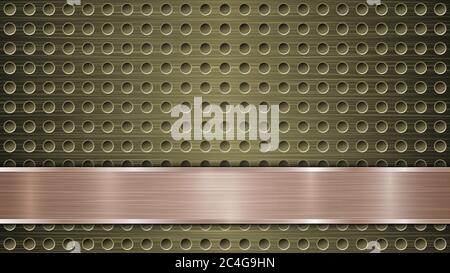 Background of golden perforated metallic surface with holes and horizontal bronze polished plate with a metal texture, glares and shiny edges Stock Vector