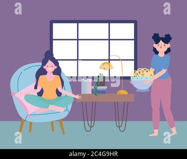stay at home, woman with noodles in bowl and girl sitting on chair cartoon, cooking quarantine activities vector illustration Stock Vector