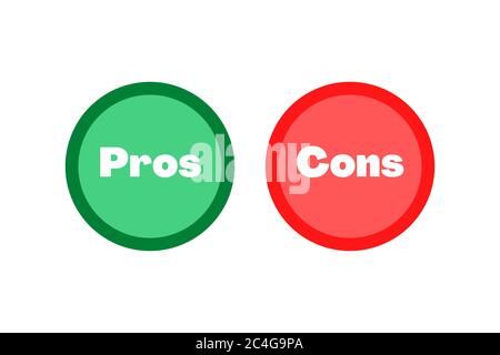 Circles green and red with the text pros and cons. Simple concept for comparison between advantages and disadvantages in a business plan or comparison Stock Photo