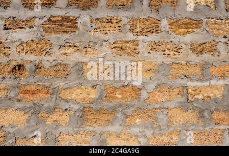 Wild stone shell rock wall texture. Decoration of external walls with bricks from wild stone shell rock. Uneven surface of shell rock Stock Photo