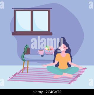 stay at home, girl sitting on floor with food in table cartoon, quarantine activities vector illustration Stock Vector