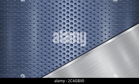 Background of blue perforated metallic surface with holes and angled silver polished plate with a metal texture, glares and shiny edges Stock Vector