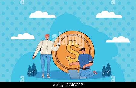 young men with financial business icons vector illustration design Stock Vector