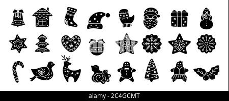 Christmas icon, black glyph. Flat cartoon set. Silhouette sign New year, icons collection bird, holly, house, deer and candy, snowflakes, sock, Christmas tree bell star. Isolated vector illustration Stock Vector