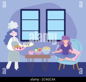 stay at home, female chef with different food and girl sitting on chair cartoon, quarantine activities vector illustration Stock Vector