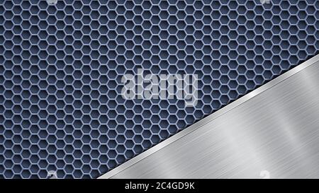 Background of blue perforated metallic surface with holes and angled silver polished plate with a metal texture, glares and shiny edges Stock Vector