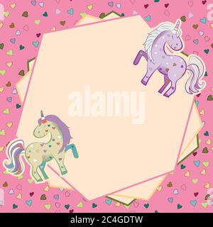 Unicorns in pastel colors on the background of hearts. Vector graphics. Frame. Illustration for Valentine s Day. Stock Vector