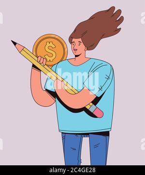 young woman with financial business icons vector illustration design Stock Vector