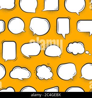Speech soap bubble seamless pattern. Pop art limitless background with white flat cartoon talk, message sign. Funny comics template. Repeat ornament for paper wrap, fabric, print. Vector illustration Stock Vector