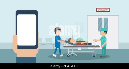 Medical service concept with blank screen mobile phone and doctor with injured patient in bed flat design vector illustration Stock Vector