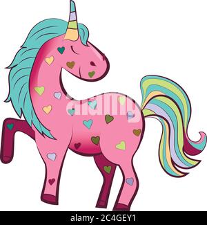 Pink unicorn with colorful hearts. Vector illustration Stock Vector
