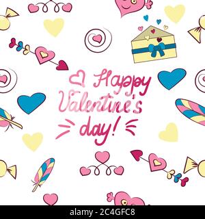 Seamless pattern of Valentine s day elements isolated on white background. Vector illustration. Heart, letter, arrow, candy, feather, lettering Happy Stock Vector
