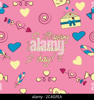 Seamless pattern of Valentine s day elements isolated on pink background. Vector illustration. Heart, letter, arrow, candy, feather, lettering Happy Stock Vector