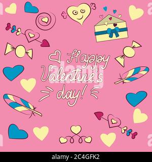 Set of Valentine s day elements isolated on pink background. Vector illustration. Heart, letter, arrow, candy, pen, inscription I love you, happy Stock Vector