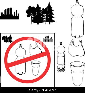 The concept of pollution problems. Say no to plastic bags, bottles, glasses. Images in the style of a sketch with signs calling to stop the use of Stock Vector
