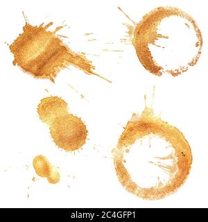 Coffee stains and splatters design pack on white background Stock Photo