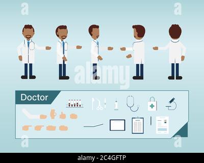 Set of male african american doctor characters flat design vector illustration Stock Vector
