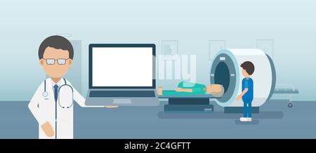 Medical service concept with blank screen notebook and patient with mri scan machine flat design vector illustration Stock Vector