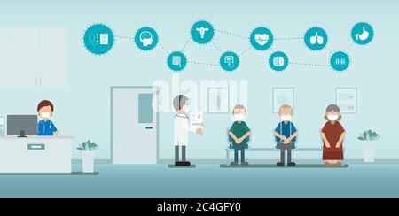 Health check concept with doctor and icons flat design vector illustration Stock Vector