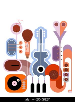 Flat style colored design isolated on a white background Music Instruments vector illustration. Art composition of guitar, saxophone, piano keyboard, Stock Vector