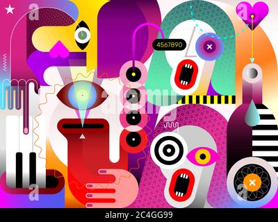 Jazz Band vector illustration. Three musicians play music, modern artwork. Vocal, piano and saxophone trio. Jam session. Stock Vector