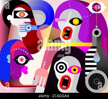 Modern art vector illustration of four people. Two people speak, and two people listen carefully to them. Graphic artwork. Stock Vector