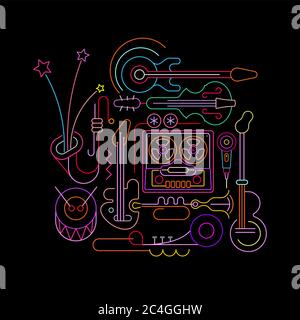 Neon colors isolated on a black background Old Tape Recorder and Musical Instruments vector illustration Stock Vector