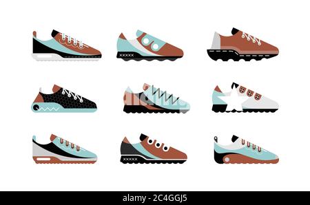 Light blue, brown, black and grey isolated on a white background Sports Shoes vector icon set.  Sneakers collection. Stock Vector