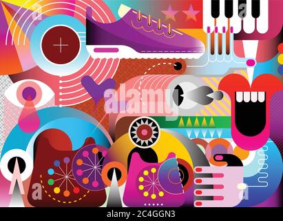 Abstract art vector design with random objects and geometric shapes. Colored graphic illustration. Stock Vector