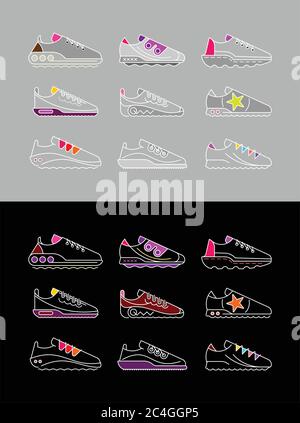 Modern sports shoes collection. Set of multicolored vector icons. Stock Vector