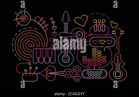 Neon colors isolated on a black background Abstract Music Art vector illustration. Design of colored silhouettes of different musical instruments. Stock Vector