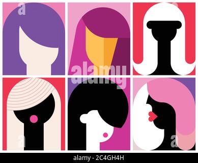 Six Faceless Portraits of Women modern art vector illustration. Composition of different abstract images of female face. Stock Vector