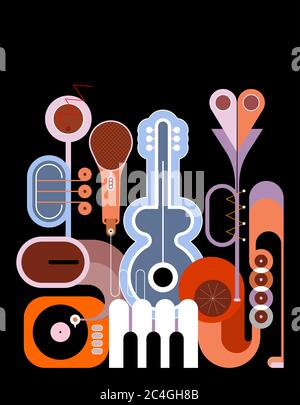 Flat style colored design isolated on a black background Music Instruments vector illustration. Art composition of guitar, saxophone, piano keyboard, Stock Vector